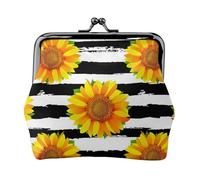 Sunflowers On Black and White Stripes Background, PU Leather Coin Purse, Small Wallets, Change Pouch with Kiss Lock Clasp Buckle, Change Purse