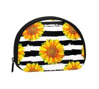 Sunflowers On Black and White Stripes Background, Women's Storage Bag Shell Makeup Bag Small Coin Purse Shell Change Pouch