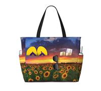 Sunflowers On The Sunset Print Large Waterproof Beach Tote Bag for Women with Zip and Pockets Foldable Handbag for Travel Pool Shopping Holiday Gym