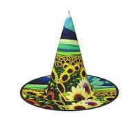 Sunflowers Over The Mountain and Fields Print Halloween Cone Witch Hat Cosplay for Wizards Masquerade Halloween Party Accessories.