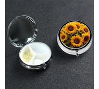 Sunflowers Pill Box 3 Compartment Round Portable Pill Case for Pocket or Purse Pill Holder Weekly Pill Organizer Decorative Metal Medicine Vitamin Organizer Travel Gift