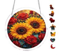 Sunflowers Red Roses Oil Painting 7.8x7.8Inch Round Acrylic Hanging Puzzle | Creative Home Accent with Visual Appeal