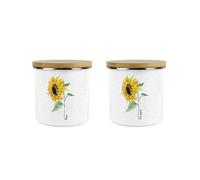 Sunflowers & Spots Tea & Sugar Storage Canisters Set - Floral Kitchen Housewarming Gifts by Rhiannon Chauncey - White Metal Enamel Medium Sized Kitchen Food/Drinks Storage Containers Pack of 2