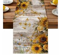Sunflowers Table Runner, Spring Daisy Floral Butterfly Dragonfly Wood Grain Cotton and Table Linen Runner for Kitchen Dining Home Decor for Party Festival Holiday Decoration Gift 13x72in