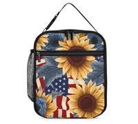 Sunflowers U.S.Flag Lunch Bag Insulated Bento Box Tote Bags Portable Lunchbag for Women Men Work Picnic