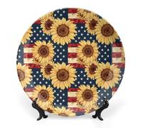 Sunflowers U.S. Flag Printed Bone China Decorative Plate Ceramic Decorative Plate with Display Stand for Home Wall Decor