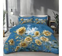 Sunflowers Under The Blue Sky Bedding Set - Microfibre Soft Printed Double Duvet Cover With Matching Pillowcase - 100% Polyester Reversible Impressionist Oil Paintings Quilt Covers, 200 X 200 Cm