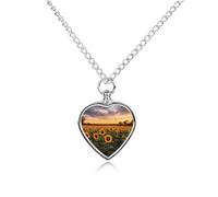 Sunflowers Under The Setting Evening Sky Pet Ashes Necklace Heart Silver Classic Pet Pendant Memorials Funerary for Dog Cat Lover