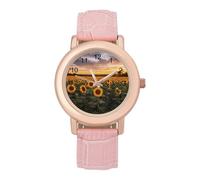 Sunflowers Under The Setting Evening Sky Women's Leather Watch Easy Reader Minimalist Wristwatch Pink Rose Gold Strap Watches