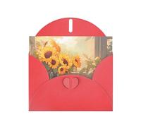 Sunflowers Under The Windowsill Horizontal Holiday Card With Red Heart Shaped Envelope And Write Various Holiday Greetings