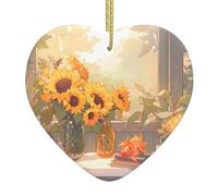 Sunflowers Under The windowsill Printed Ceramic Ornaments Christmas Ceramic Heart Ornaments Suitable for Hanging on windowsills and fireplaces
