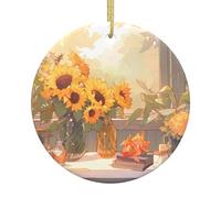 Sunflowers under the windowsill Printed Double-Sided Christmas Ceramic Ornaments - Perfect Souvenir Decorations for Festive and