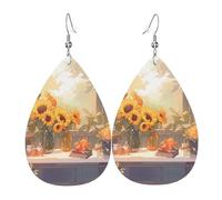 Sunflowers under the windowsill Printed leather earrings with teardrop-shaped dangling design, light and soft.