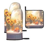 Sunflowers under the windowsill Prints Oven Gloves And Heat-Resistant Mat Set, Waterproof And Heat-Resistant, For Kitchen Use, Oven Baking.