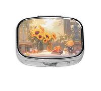 Sunflowers Under The windowsill Square Pill Storage Box, Travel Portable Mini Pill Box, Vitamin Medicine Storage Box (2 Compartment Pill Box)
