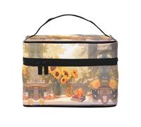 Sunflowers under the windowsill Women's travel cosmetic bag, (9x6.5x6.2 inches) portable large capacity cosmetic bag, large cosmetic bag storage bag for girls, Black, One Size, Black, One Size