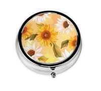 Sunflowers Watercolor Painting Round Pill Box with 3 Compartments, Mini Metal Pill Organizer for Purse or Pocket, Lightweight Portable for Daily Use Gifts Travel