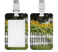 Sunflowers White Picket Fence Badge Holder with Lanyard - Waterproof Hard Plastic ID Card Holder Professional Name Tag Vertical ID Card Name Badge for Office Nurse Doctor Teacher