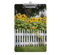 Sunflowers White Picket Fence Clipboard, A4 Acrylic Clipboard with Hanging Hole, Ultra-Light Clip Board - Holds 100 Sheets, Shatterproof Document Holder for Office, 12.5" X 8.5"
