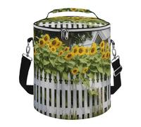 Sunflowers White Picket Fence Lunch Bag, 15L Portable Leakproof Picnic Basket with Shoulder Strap, Insulated Picnic Cooler Bag for Camping, Beach, Hiking & Groceries