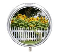 Sunflowers White Picket Fence Medicine Pill Case, 3 Compartment Round Pill Box, Portable Decorative Medicine Organizer for Pocket Or Purse Vitamin Organize