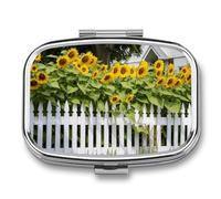 Sunflowers White Picket Fence Pill Box 2 Compartment - Small Metal Medicine Organizer Portable Pill Case for Purse Pocket Travel Vitamin Organizer for Men Women, BPA-Free