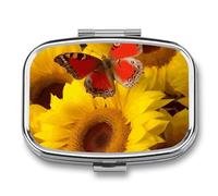 Sunflowers with Butterfly Pill Box 2 Compartments Portable Travel Pill Case Mini Medicine Organizer for Pocket Purse Metal Waterproof Medicine Container Holder Vitamin Fish Oil