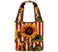 Sunflowers with Red Stripes Vintage Canvas Tote Bag, Medium Book Tote Reusable Cloth Bag for Women Teachers Nurse