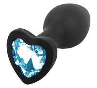 Sunfo - Silicone Heart-Shaped Anal Plug with Blue Gem (Black)
