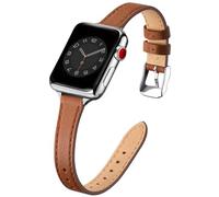 SUNFWR Compatible with Apple Watch Strap 42mm 44mm 45mm,Genuine Leather Strap Replacement,Slim&Thin Wristband for iwatch Series 7/6/5/4/3/2/1,SE(42mm 44mm 45mm,Brown&Silver)