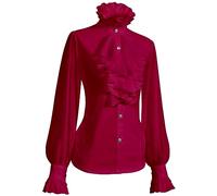 SUNGDOGIN Womens Victorian Vintage Long Sleeve Shirt Ruffle Stand Collar Blouse Gothic Medieval Tops, Burgundy, XL