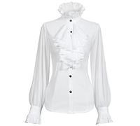 SUNGDOGIN Womens Victorian Vintage Long Sleeve Shirt Ruffle Stand Collar Blouse Gothic Medieval Tops, White, L