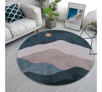 Sungea 4ft Abstract Round Area Rug,Chic Faux Wool Washable Non-Slip Sun and Mountain Circle Rug,Soft Ultra-thin Throw Rugs for Living Room/Bedroom/Office/Entryway/Kitchen(Blue)