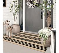 Sungea Striped Outdoor Fall Front Door Mat 24"x51", Cotton Hand Woven Washable Black and Khaki Rug Runner, Reversible Foldable Indoor Layered Front Door Rugs for Entryway/Farmhouse/Home Entrance