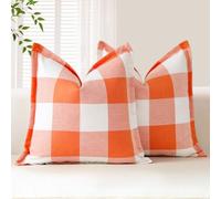 Sungeek Buffalo Check Plaid Cushion Covers 60 x 60 Set of 2 Linen Christmas Tartan Decorative Square Pillow Covers with Stitched Edge for Sofa Couch Bed Living Room 24x24 Inch (Orange and White)