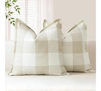 Sungeek Buffalo Check Plaid Cushion Covers 60 x 60 Set of 2 Linen Christmas Tartan Decorative Square Pillow Covers with Stitched Edge for Sofa Couch Bed Living Room 24x24 Inch (Beige)