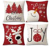 Sungeek Christmas Cushion Covers 40x40 cm Set of 4, Snowman Elk Christmas Tree Joy Let it Snow Red Pillow Covers Winter Holiday Xmas Decorative Throw Pillow Cases for Sofa Couch Bedroom Living Room