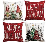 Sungeek Christmas Cushion Covers 40x40 cm Set of 4, Xmas Tree Gnome Let it Snow Snowflake Decorative Pillow Covers Winter Holiday Throw Pillow Cases for Sofa Couch Bedroom Living Room, Red