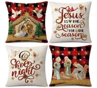 Sungeek Christmas Cushion Covers 45x45 cm Set of 4, O Holy Night Jesus Cardinal Pillow Covers Red Buffalo Plaid Winter Holiday Xmas Decorative Throw Pillow Cases for Sofa Couch Bedroom Living Room