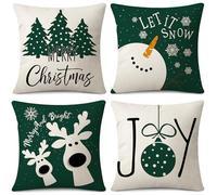 Sungeek Christmas Cushion Covers 45x45 cm Set of 4, Snowman Elk Christmas Tree Joy Let it Snow Green Pillow Covers Winter Holiday Xmas Decorative Throw Pillow Cases for Sofa Couch Bedroom Living Room