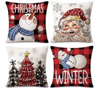 Sung hristmas Cushion Covers 45x45 cm Set of 4, Snowman Santa Claus Christmas Tree Red Buffalo Plaid Pillow Covers Hello Winter Holiday Xmas Decorative Throw Pillow Cases for Sofa Couch