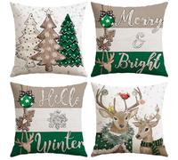 Sung hristmas Cushion Covers 50x50 cm Set of 4, Merry & Bright Reindeer Christmas Tree Green Pillow Covers Hello Winter Holiday Xmas Decorative Throw Pillow Cases for Sofa Bed Couch