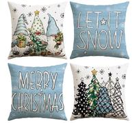 Sungeek Christmas Cushion Covers 50x50 cm Set of 4, Xmas Tree Gnome Let it Snow Snowflake Decorative Pillow Covers Winter Holiday Throw Pillow Cases for Sofa Couch Bedroom Living Room, Light Blue