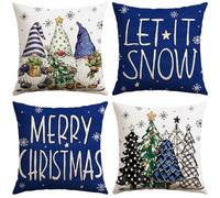 Sungeek Christmas Cushion Covers 50x50 cm Set of 4, Xmas Tree Gnome Let it Snow Snowflake Decorative Pillow Covers Winter Holiday Throw Pillow Cases for Sofa Couch Bedroom Living Room, Dark Blue