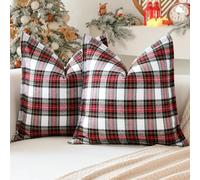 Sung hristmas Scottish Tartan Cushion Covers 50 x 50 Set of 2 Linen Decorative Check Plaid Square Pillow Covers with Stitched Edge for Sofa Couch Bed Living Room 20x20 Inch (White)