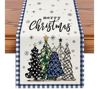 Sungeek Christmas Table Runner 40x140 cm, Dark Blue Buffalo Plaid Christmas Tree Linen Table Runner Xmas Seasonal Winter Holiday Kitchen Dining Table Decoration for Home Party
