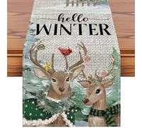 Sung hristmas Table Runner 40x140 cm, Green Hello Winter Elk Xmas Table Runner Seasonal Holiday Kitchen Dining Table Decoration for Home Party