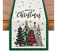 Sung hristmas Table Runner 40x240 cm, Green and Black Buffalo Plaid Christmas Tree Linen Table Runner Xmas Seasonal Winter Holiday Kitchen Dining Table Decoration for Home Party