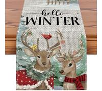 Sungeek Christmas Table Runner 40x300 cm, Red Hello Winter Elk Xmas Table Runner Seasonal Holiday Kitchen Dining Table Decoration for Home Party