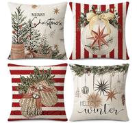 Sungeek Merry Christmas Cushion Covers 50x50 cm Set of 4, Pine Tree Ball Gloves Red Stripes Pillow Covers Hello Winter Holiday Xmas Decorative Throw Pillow Cases for Sofa Couch Bedroom Living Room